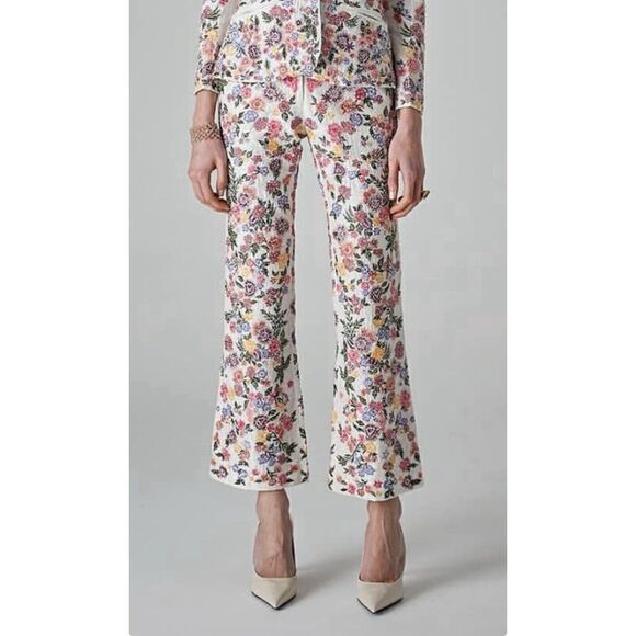 La Fuori Elenore Garden Floral Flare Pants Sz M Embroidered 100% Silk Anthro‎